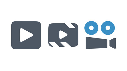 Collection of three distinct video related icons including a play button a clapperboard and a retro movie camera