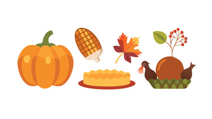 Collection of thanksgiving icons including a pumpkin corn pie maple leaf and a turkey with berries and leaves