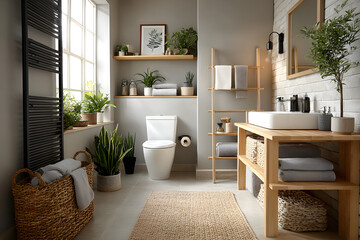 Stylish modern bathroom with wooden toilet paper holder, white ceramic toilet, towel rack, sink, and wicker storage basket. Clean, minimalistic, and well-organized space