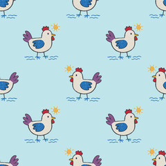 A blue and white background with a pattern of chickens