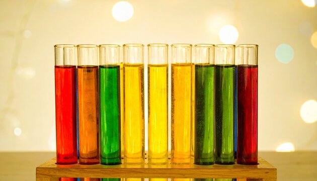 Colorful test tubes arranged in a holder with soft bokeh background for science