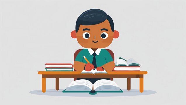Diligent young student boy sitting at a desk with books, focused on his studies and schoolwork illustration