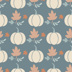 A pattern of pumpkins and leaves is shown in a blue and white color scheme