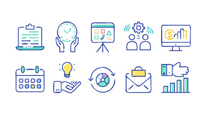 Collection of modern business and finance icons representing planning time management presentation teamwork analysis ideas and success