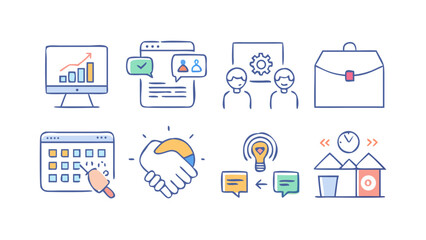 Collection of modern business and finance icons representing growth teamwork communication and strategy on a black background