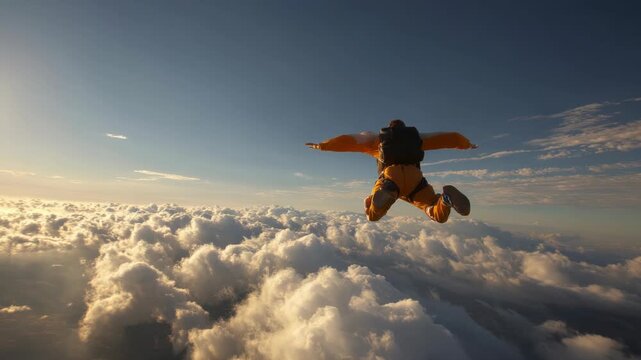 Skydiving adventure through the heavens, a breathtaking descent into a fluffy cloudscape