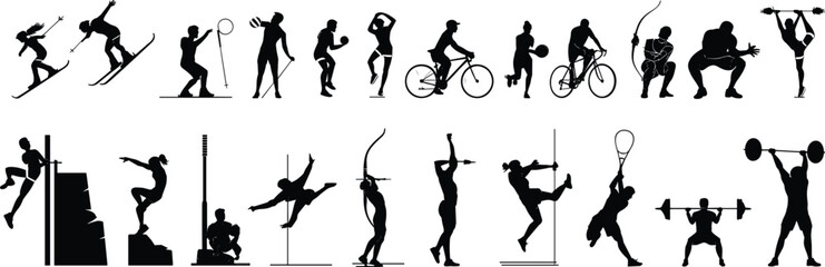 Collection of sport silhouettes, winter games, gym workout, cycling, archery, weightlifting, athletics, outdoor activity, vector illustration design