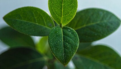 Obraz premium Close-up of vibrant blueberry leaves with morning dew and natural backlighting, showcasing their intricate details.