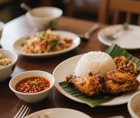 Sambal served alongside fried chicken and rice, Indonesian traditional meal, cozy dining table setup, warm inviting atmosphere, realistic photo
