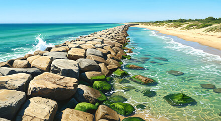 A long stone jetty extends into the turquoise ocean with a sandy beach and dunes on the right under a clear blue sky