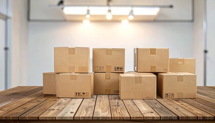 Commercial logistics concept showing neatly arranged package boxes on a wooden table with soft overhead lighting.