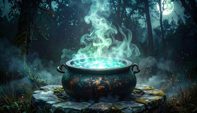 Mystical cauldron bubbles with glowing potion in enchanted moonlit forest clearing