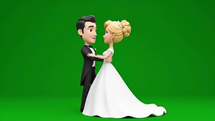 Cartoon Couple Embracing on Green Screen Background Wedding Celebration