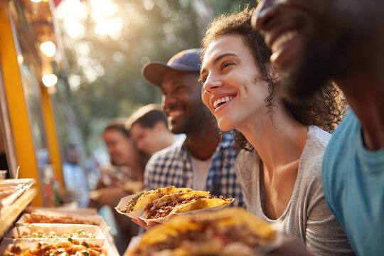 Friends enjoying delicious street food at a vibrant outdoor market during a sunny afternoon