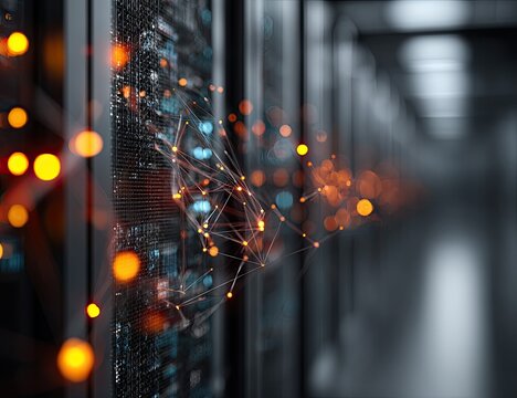 Data network visualized within a server room.  Glowing nodes and connections illustrate data flow and infrastructure - Powered by Adobe