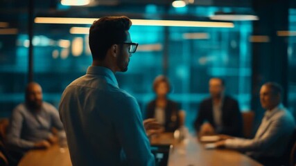 Man delivers presentation, addressing diverse colleagues in modern office setting, conveying business strategy, teamwork, and communication - Powered by Adobe