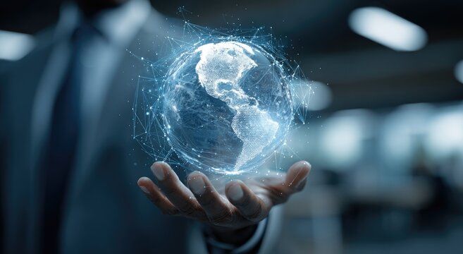 A person holds a glowing digital globe, symbolizing global connection and technology