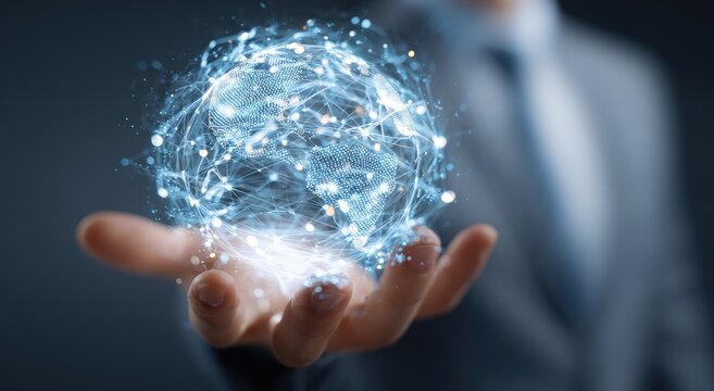 A hand holding a glowing digital sphere, symbolizing global network connectivity