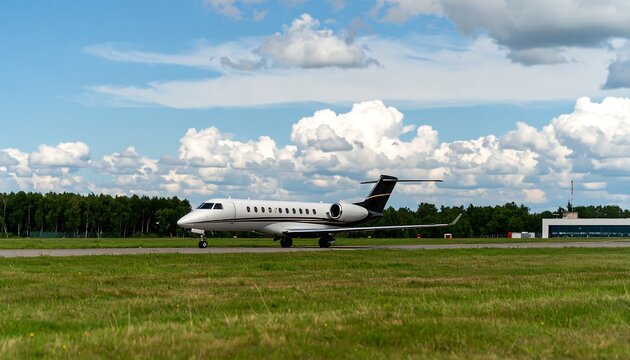 Private jet taxiing on a grassy runway under partly cloudy sky - Powered by Adobe