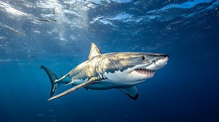 Naklejka premium Great white shark underwater hunting