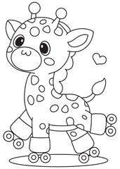 Coloring book giraffe roller skating happily.