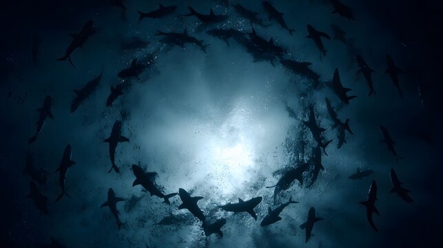 Circular shark school underwater