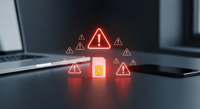 SIM Card Security Alert: Glowing Red Warning Icons