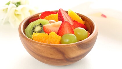 Fresh fruit salad in a wooden bowl