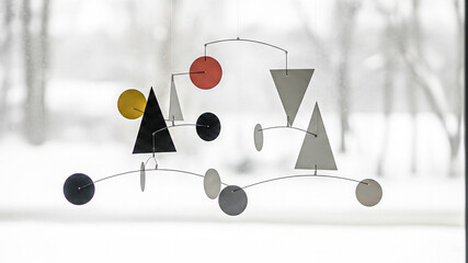 Abstract mobile sculpture against a snowy background, a captivating display of shapes and colors 