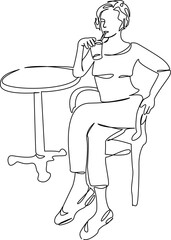 One continuous single drawing line art flat doodle person, drinking, sitting, cafe, lifestyle, smiling, female, coffee - drink. Isolated image hand draw contour on a white background, hand drawn, not 