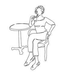 One continuous single drawing line art flat doodle person, drinking, sitting, cafe, lifestyle, smiling, female, coffee - drink. Isolated image hand draw contour on a white background, hand drawn, not 