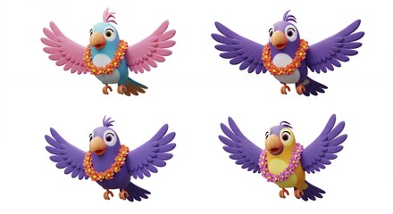Fototapeta premium Colorful cartoon birds in flight with lei