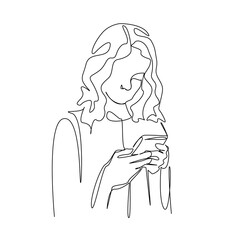 One continuous single drawing line art flat doodle mobile phone, message, reading, mobile, girl, phone, smartphone. Isolated image hand draw contour on a white background, hand drawn, not AI