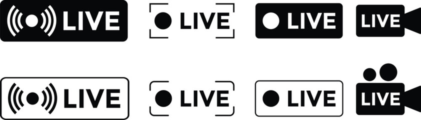 Live streaming red icon set. broadcasting buttons. social media channel. online stream icons

