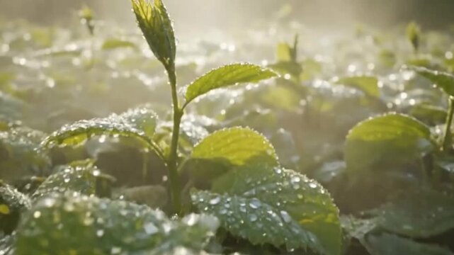 Serene Drizzle on Spring Leaves with Sunlit Droplets and Rising Mist