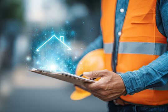 Construction worker using tablet, digital house icon