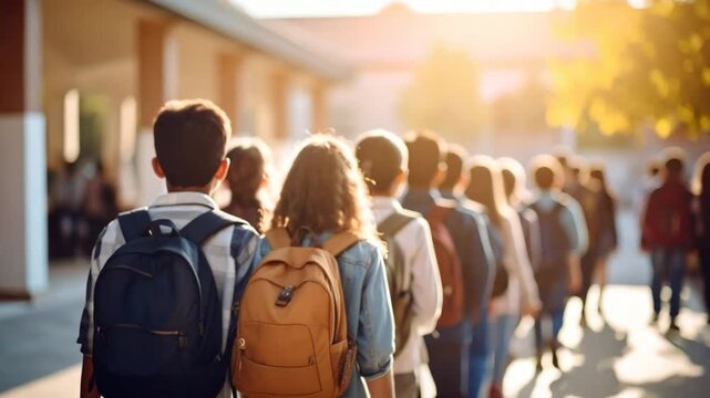 Students walking line sunshine