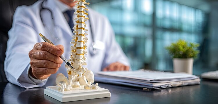 Doctor examining spine model, reviewing medical files