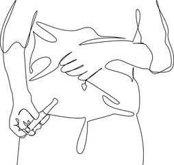 One continuous single drawing line art flat doodle medicine, abdomen, syringe, insulin, woman, diabetes, stomach, hormone. Isolated image hand draw contour on a white background, hand drawn, not AI
