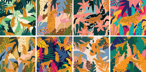 Trendy and modern wildlife pattern with leopards. Leopards and leaves vector illustration design