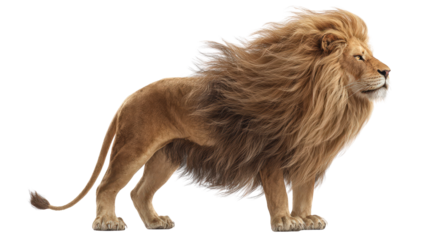 Lion with majestic mane flowing backward standing tall isolated on a Transparent background, PNG file.