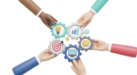 Diverse hands collaboratively hold interconnected gears representing teamwork, innovation, and strategic planning.