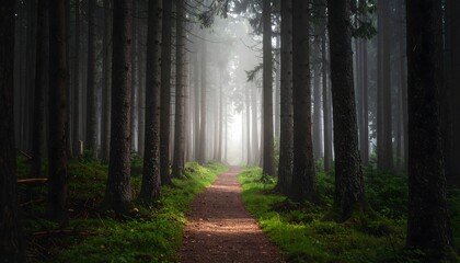 Fototapeta premium Foggy mysterious forest path with tall pine trees, cinematic atmospheric light