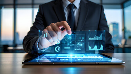 Data-Driven insights: A sharp business person, finely dressed in a suit, uses a tablet to analyze futuristic data, signifying the dynamic relationship between business and data.