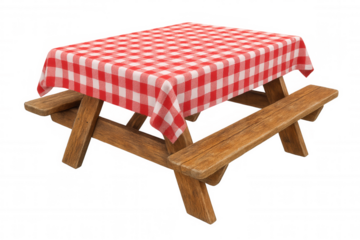 Rustic wooden picnic table adorned with red-white checkered cloth, ready for alfresco dining, positioned against transparent backdrop