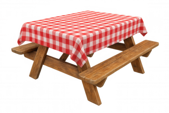 Rustic wooden picnic table adorned with red-white checkered cloth, ready for alfresco dining, positioned against transparent backdrop