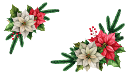 Christmas corner ornament with pine branches, red ribbon and festive holiday foliage isolated on white background