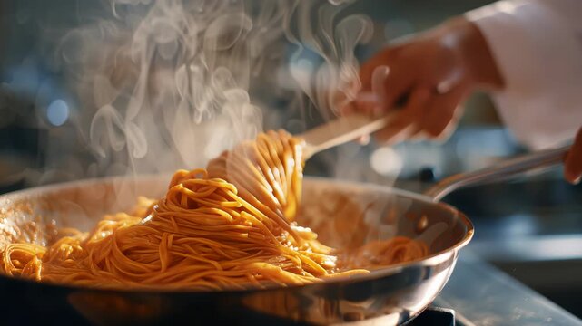 Chef stir pasta with boiling tomato sauce, close up. Cooking traditional Italian dinner pasta