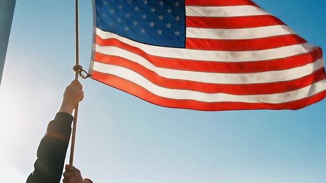 Hand Raising The American Flag Against Blue Sky with Red and White Stripes and Stars
