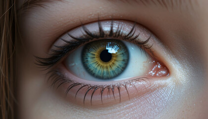 Fototapeta premium A macro close-up of a blue female eye shows the intricate details of the iris, pupil, and eyelashes with makeup